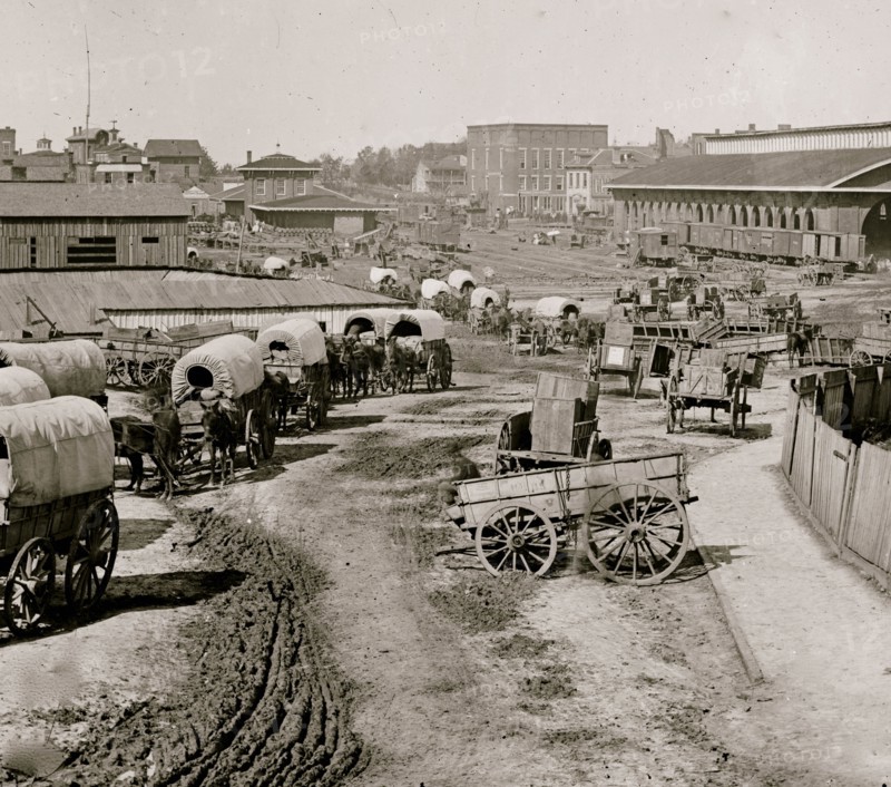 Atlanta, Georgia. Federal army wagons railroad depot 1864