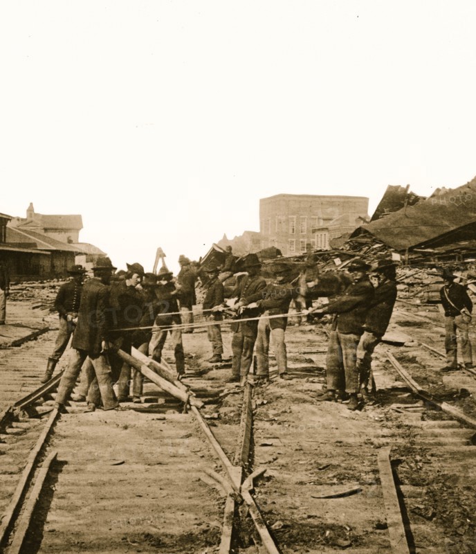 Atlanta, Georgia. Sherman's men tearing up railroad track 1864