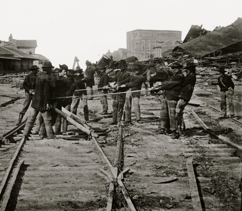 Atlanta, Georgia. Sherman's men tearing up railroad track 1864