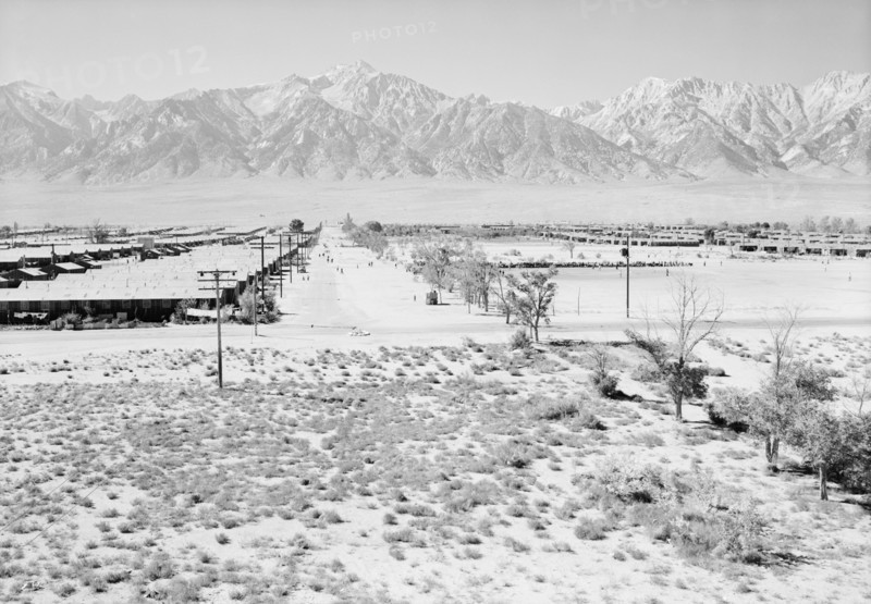 Manzanar from Guard Tower, view west (Sierra Nevada in background),  1943