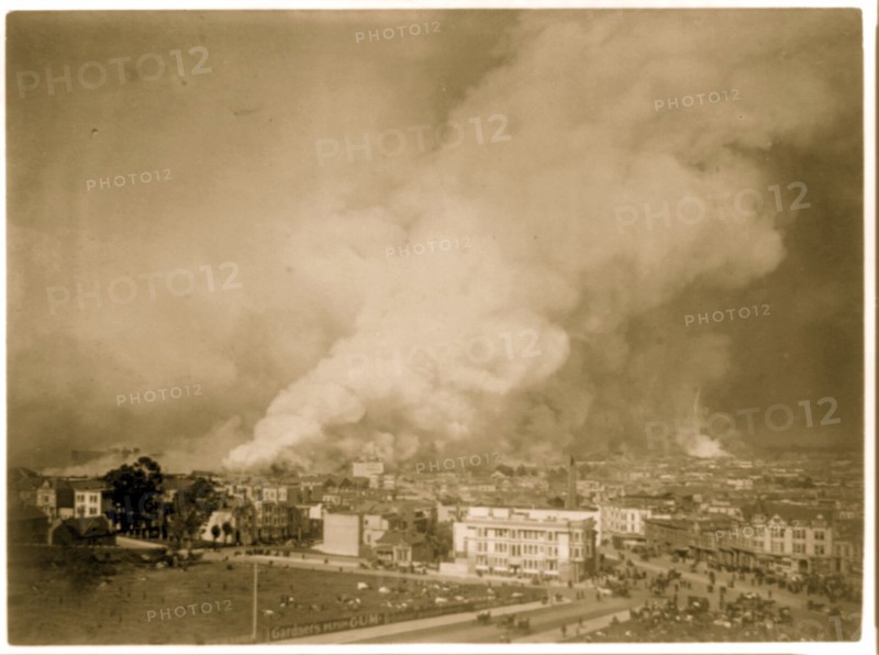 Bird's-eye view of smoldering downtown section during the San Francisco earthquake and fire 1906
