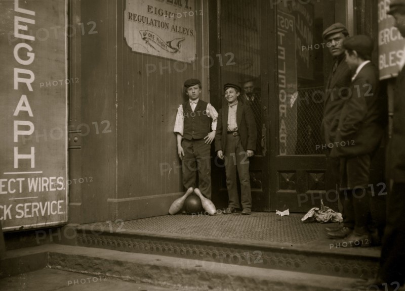 Bowling alley boys, New Haven, Conn. Many of these work until late at night.  1909