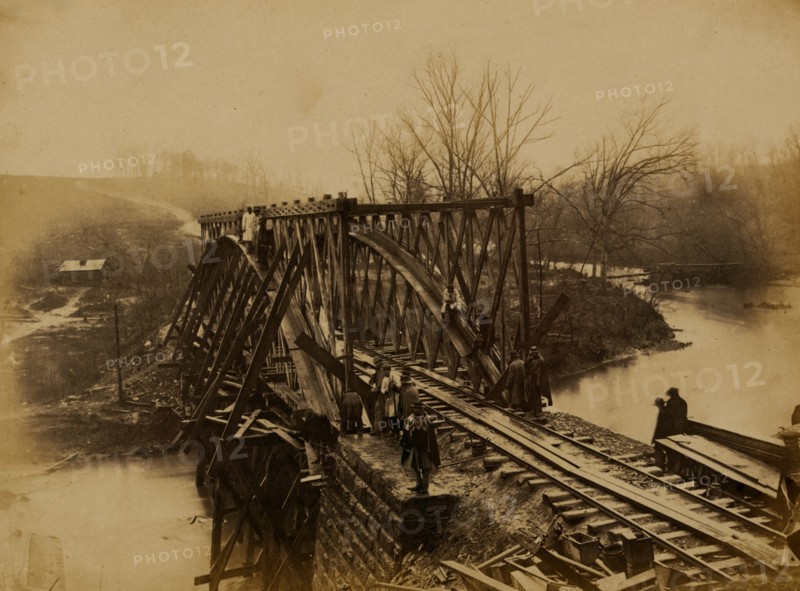 Building military railroad truss bridge across Bull Run, April, 1864 1863