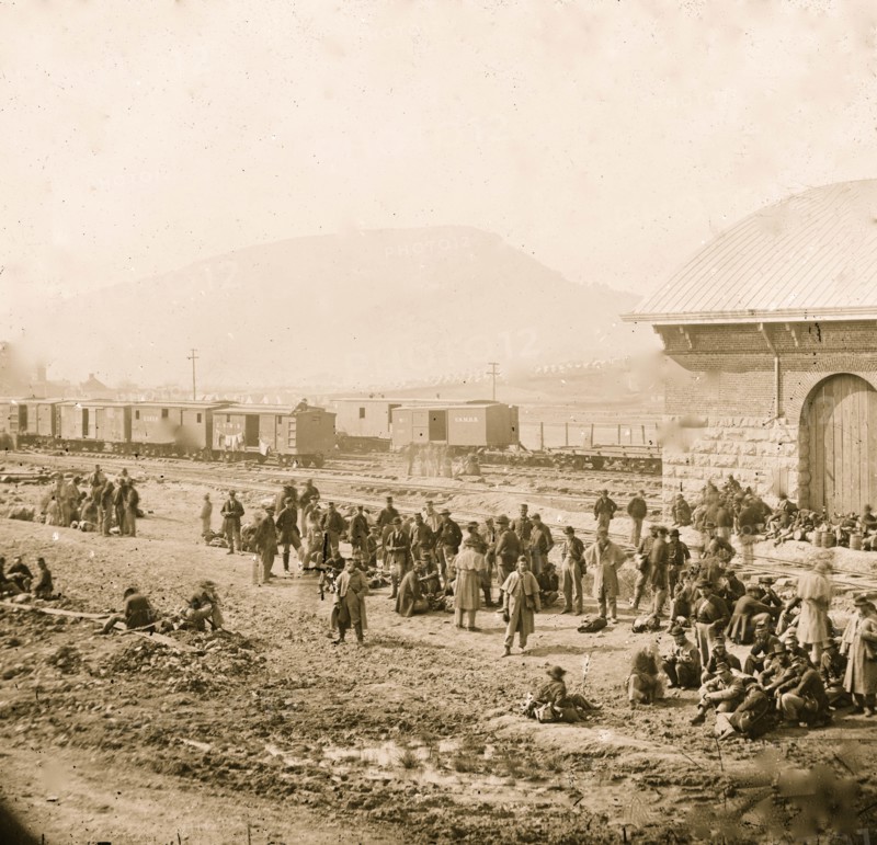 Chattanooga, Tenn. Confederate prisoners at railroad depot 1864