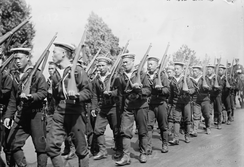 Chinese Sailors at Shoulder Arms march four abreast 1912
