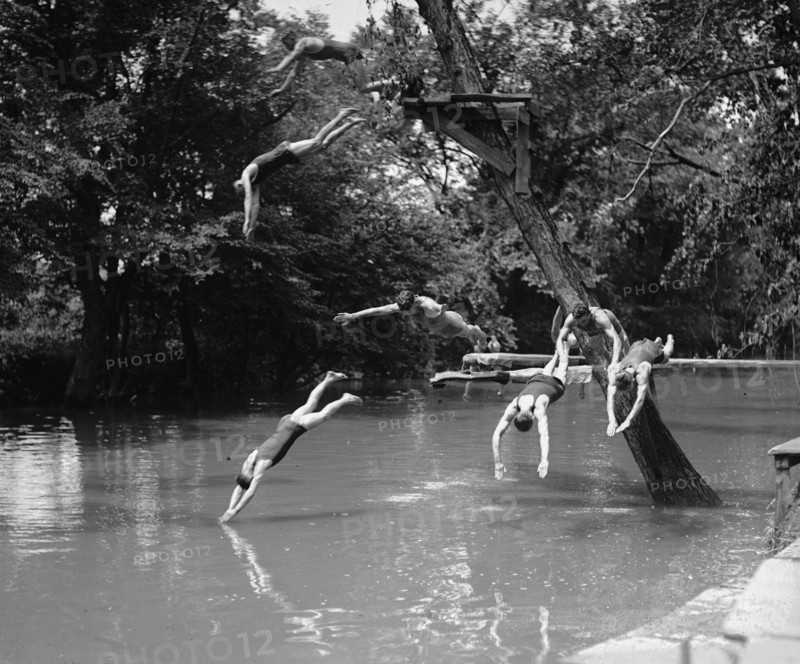 Citizen's Military Training Camp registrants at Camp Meade dive into stream 1922