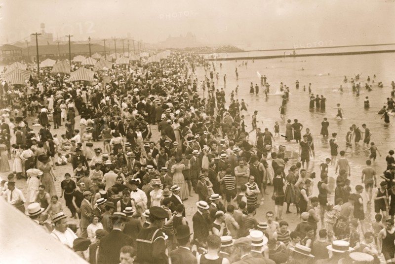 Crowds on the beach at Coney Island, New York