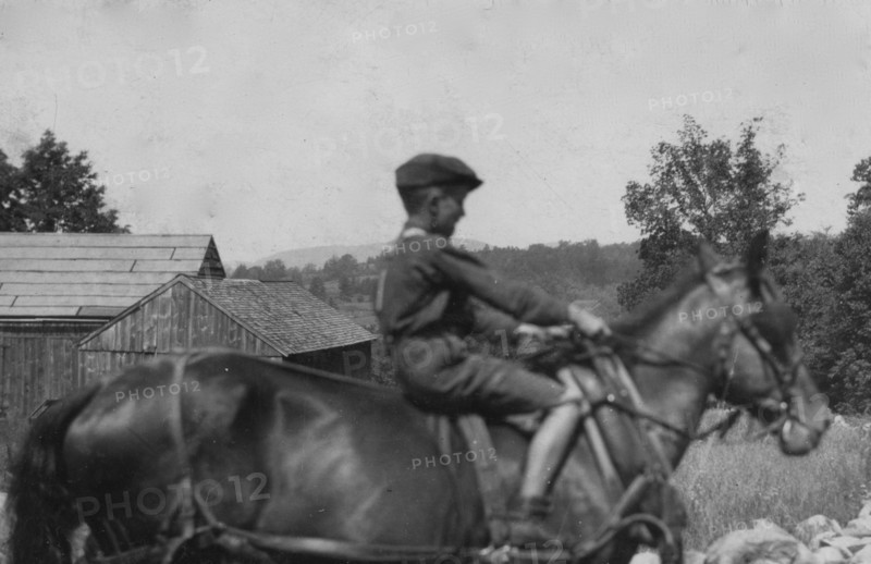 Eleven-year old Wason, driving horse to the field. 1915