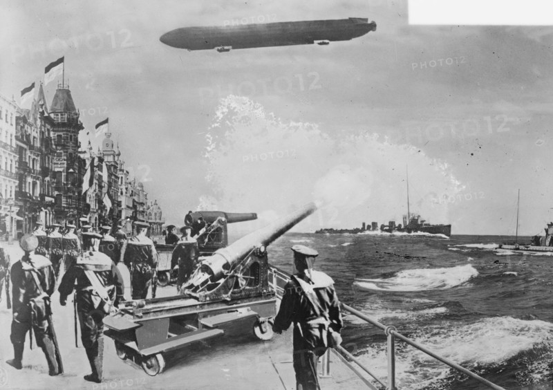 English Fleet at Ostend with Balloon Overhead 1918