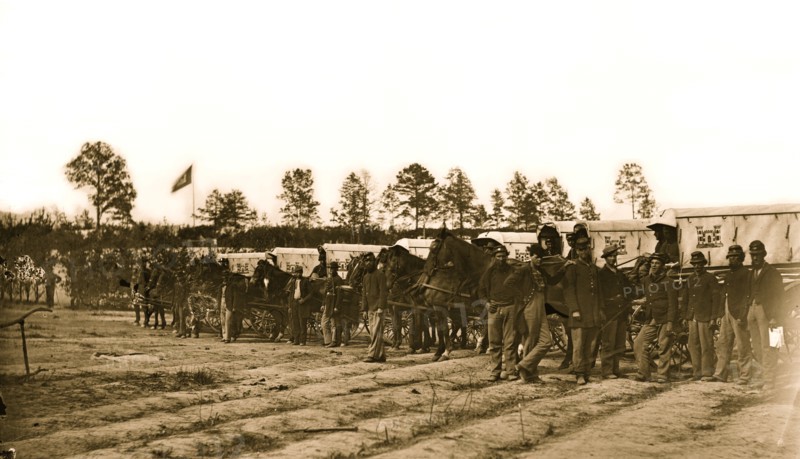 Falmouth, Va. Men and wagons of the Engineer Corps ambulance train 1863