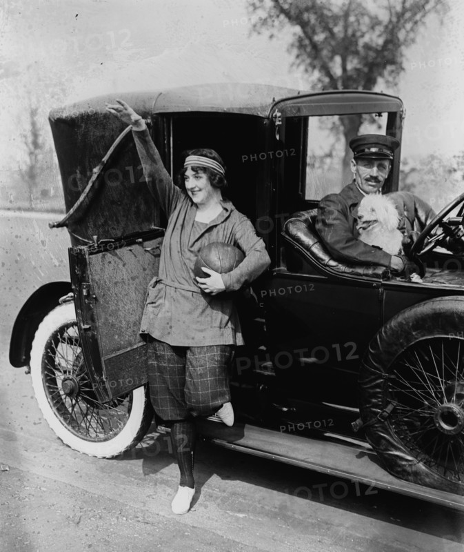 Fancy lady with chauffeur driven limousine and dog in car