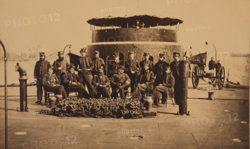 Fifteen officers on deck of a Union monitor warship 1864
