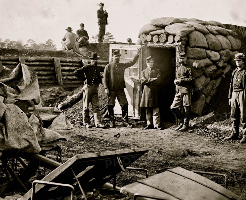Fort Burnham, Va. (the former Confederate Fort Harrison). Federal soldiers in front of bomb-proof headquarters 1863