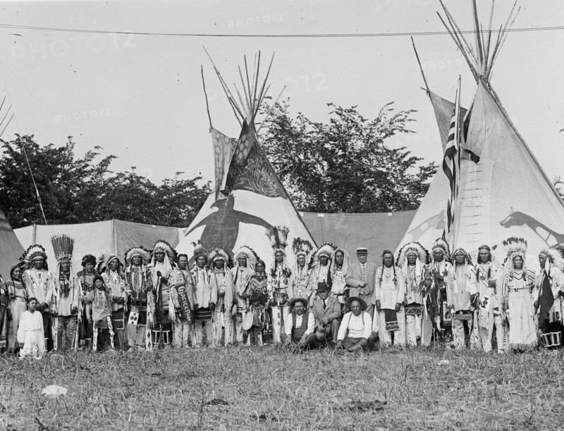 Large Native American Group In front of Teepees 1923