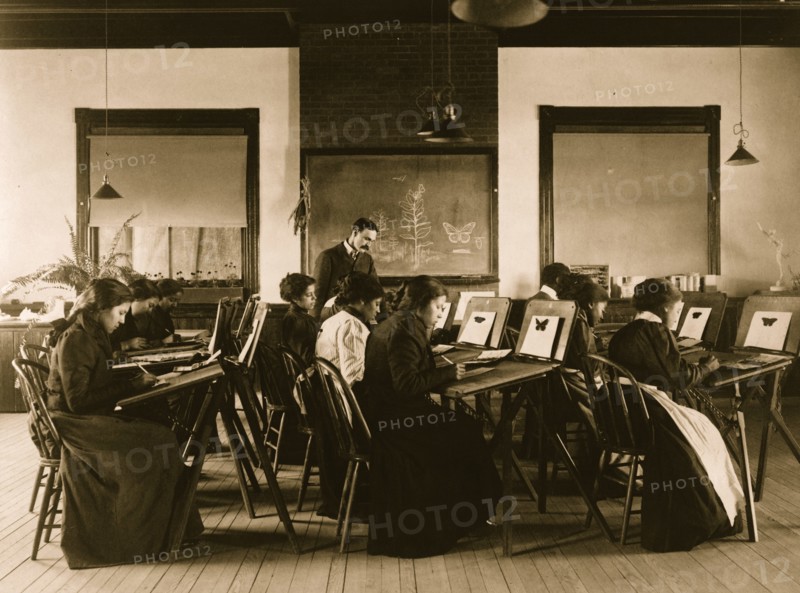 Group portrait of teacher and students at Hampton Institute painting watercolor pictures of butterflies 1899