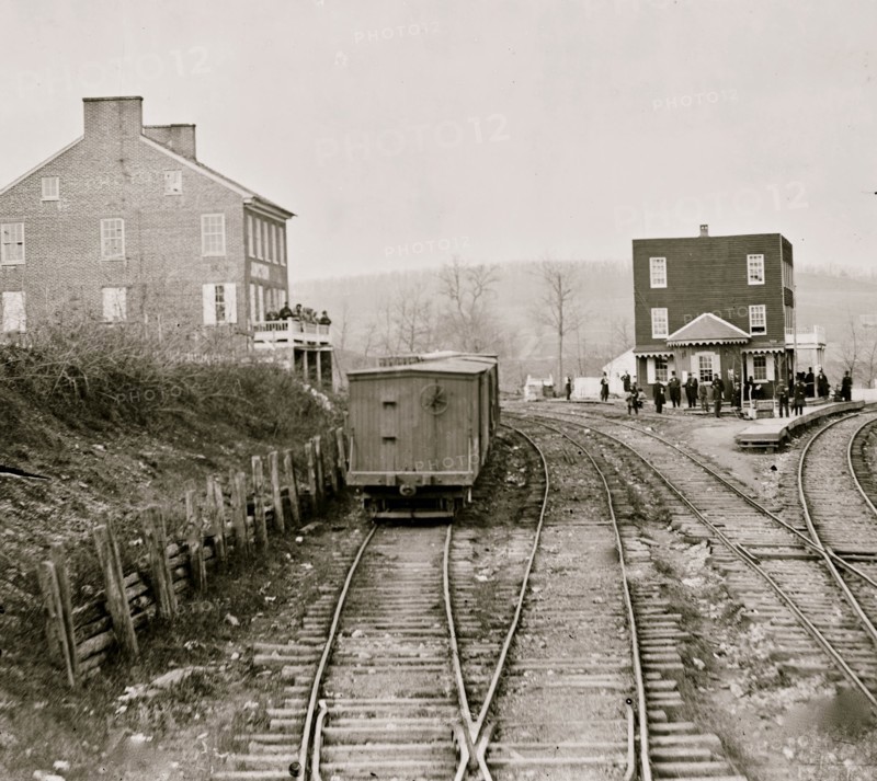 Hanover Junction, Pennsylvania. View of railroad station and boxcars 1864
