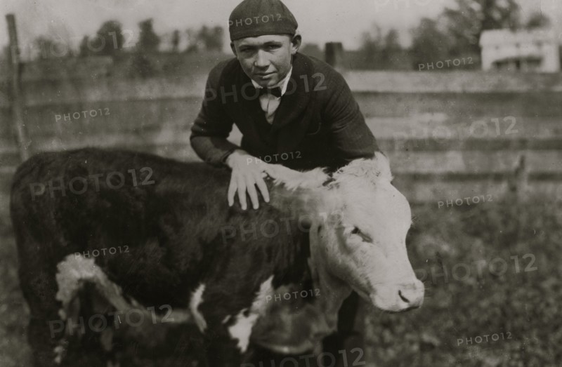 Harry Harper, one of the 4 H Club boys with his registered calf.  1921