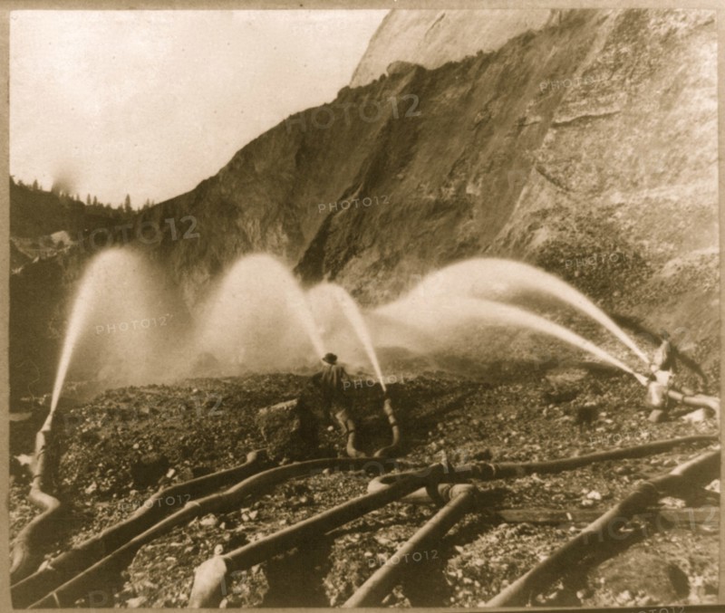 Hydraulic mining - behind the pipes in the Kennebec Claim, Birchville, Nevada County 1866