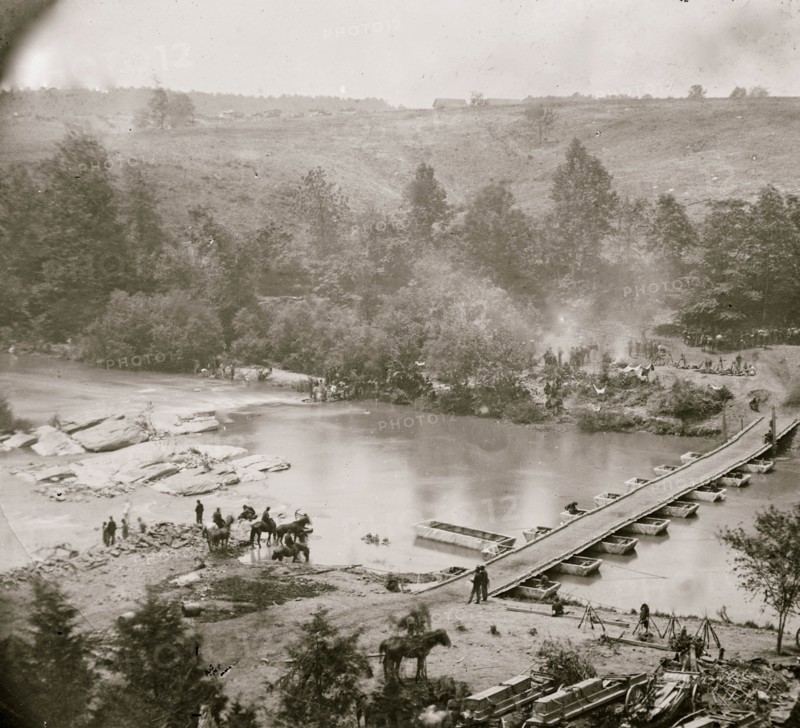 Jericho Mills, Virginia. Canvas pontoon bridge across the North Anna, constructed by the 50th New York Engineers, where the 5th Corps under Gen. Warren crossed. View looking down stream from north bank 1864