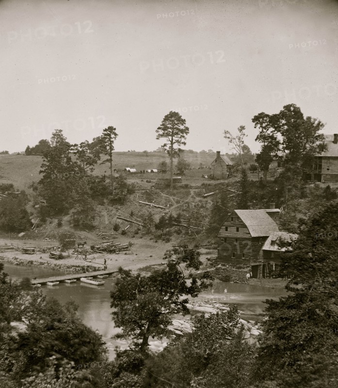 Jericho Mills, Virginia. Looking up North Anna river from south bank, canvas pontoon bridge and pontoon train on opposite bank, May 24, 1864 1864