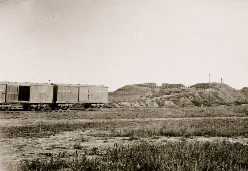 Manassas, Virginia. Confederate fortifications. (U.S. Military Railroad boxcars on left.) Orange & Alexandria Railroad 1862