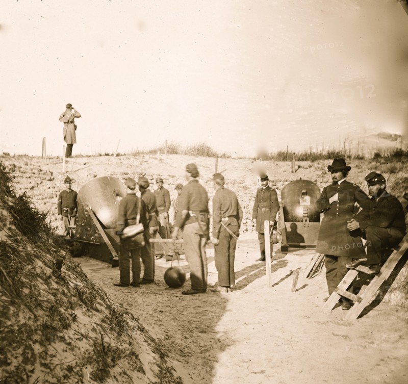 Morris Island, S.C. Federal mortars aimed at Fort Sumter, with crews 1865