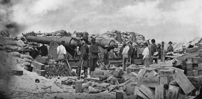 Morris Island, South Carolina. Battery Rosecrans. Three 100-pounder Parrot Rifles. Breaching battery against Fort Sumter 1863