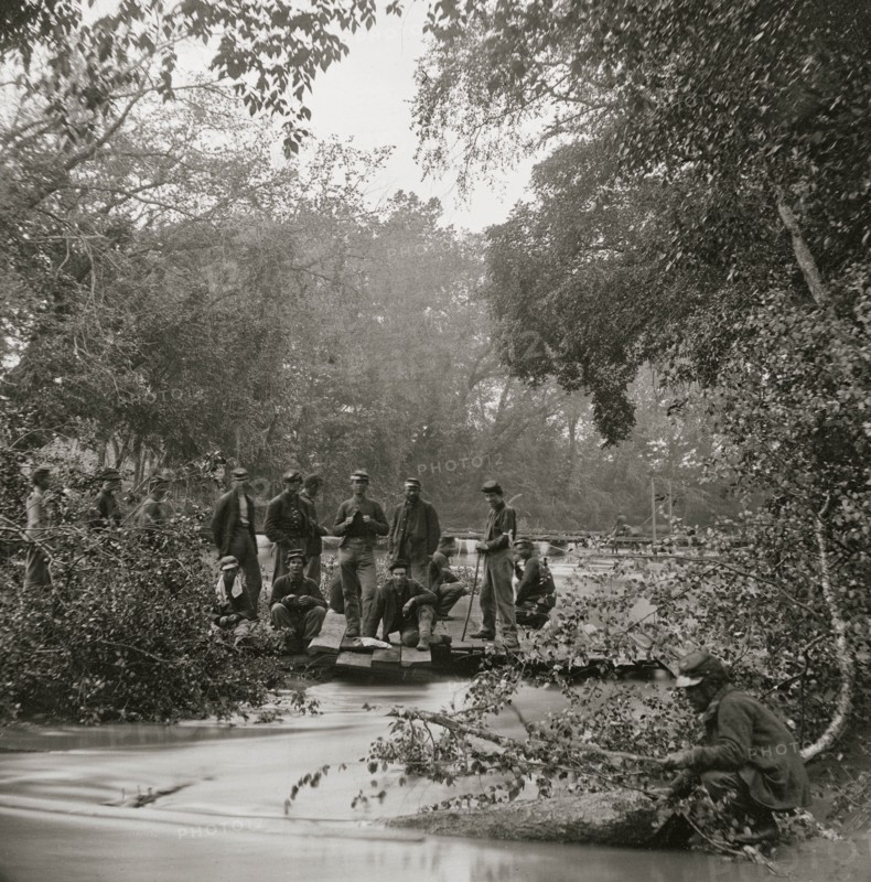 North Anna River, Virginia. Pontoon bridge across North Anna, below railroad bridge, where a portion of the 2nd Corps under Gen. Hancock crossed, May 23d 1863