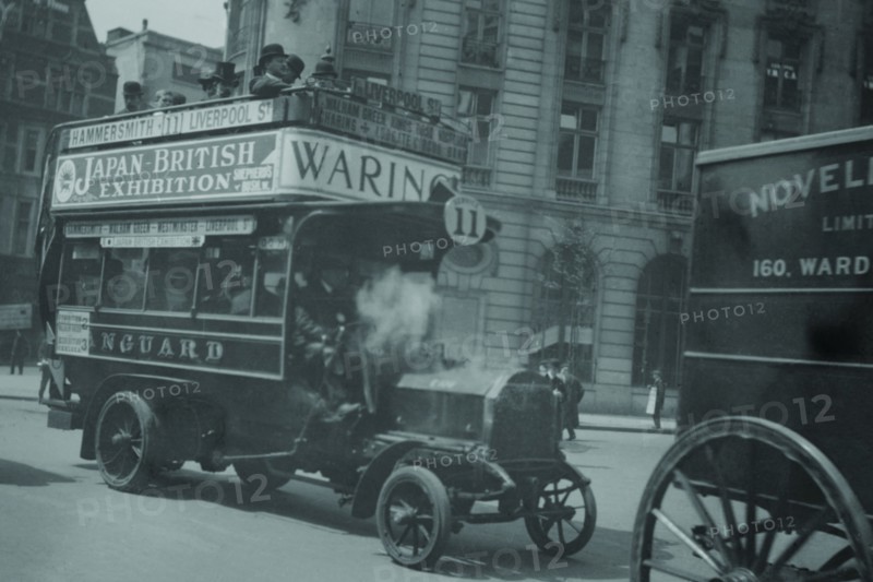 Omnibus on London Thoroughfare carries Advertisements for Japanese British Exhibition