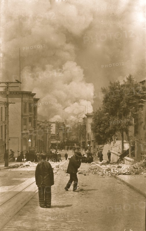 Looking down at Street at a burning city after the earthquake 1906
