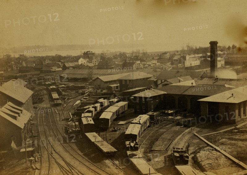 Bird's eye view of machine shops, with east yard of Orange & Alexandria Railroad 1863