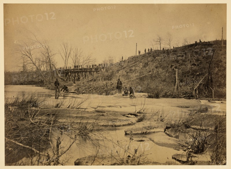 Repairing Bull Run Bridge. Construction Corps U.S.M.R. Railroads. 1863