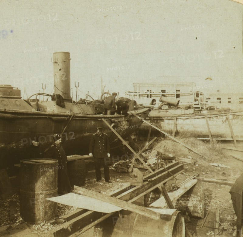 Russian ships being repaired in dry dock, Port Arthur 1905