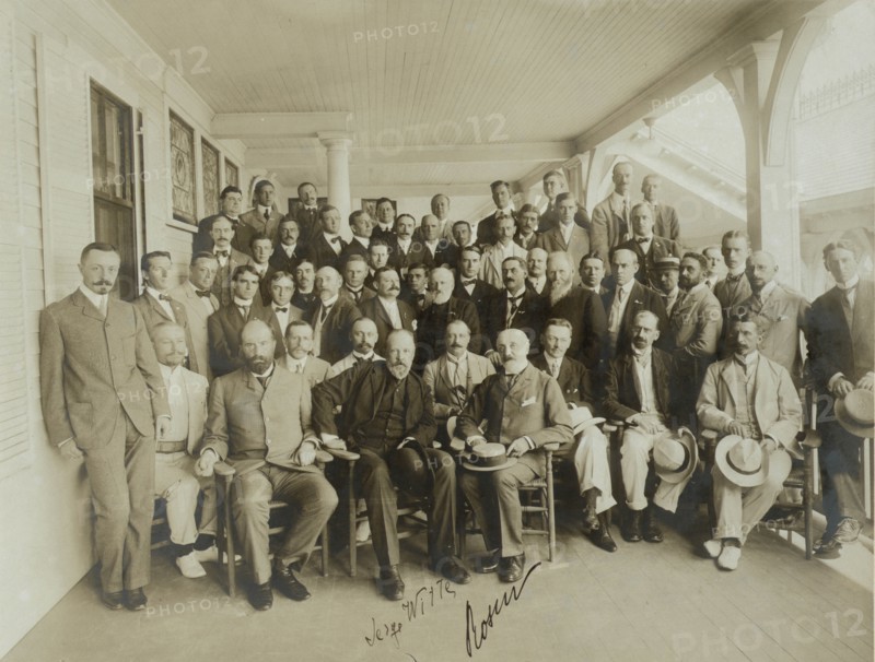 Russians & newspaper men - Sergei Witte, Baron Rosen with their suite 1905