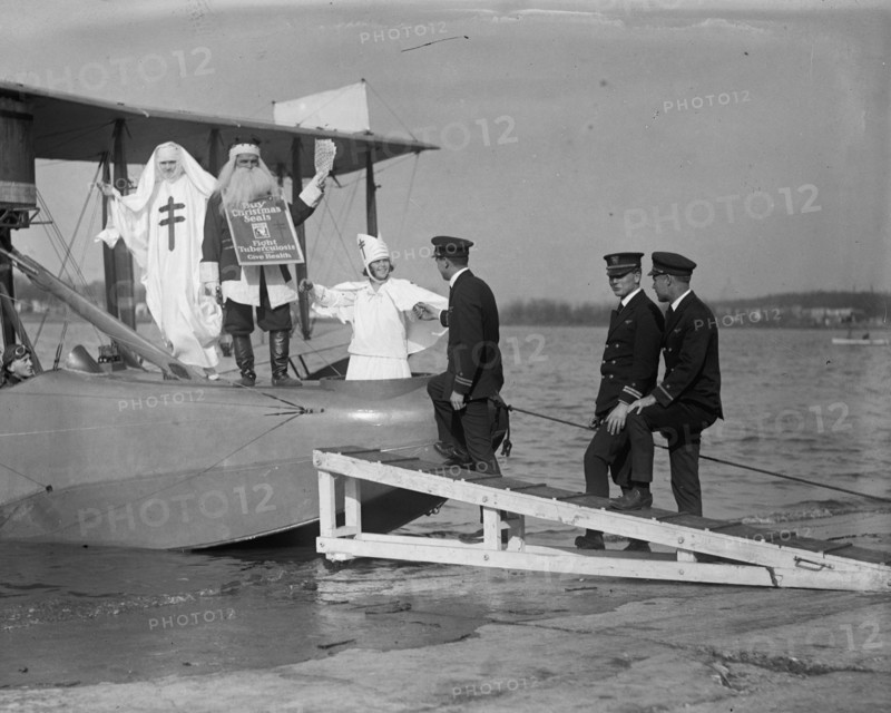 Santa Claus Arrives by Seaplane selling Christmas Seals for Tuberculosis 1923