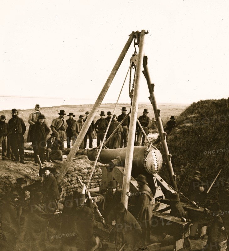 Savannah, Georgia (vicinity). Army engineers removing a 48-pdr. 8-inch Columbiad from Fort McAllister 1864