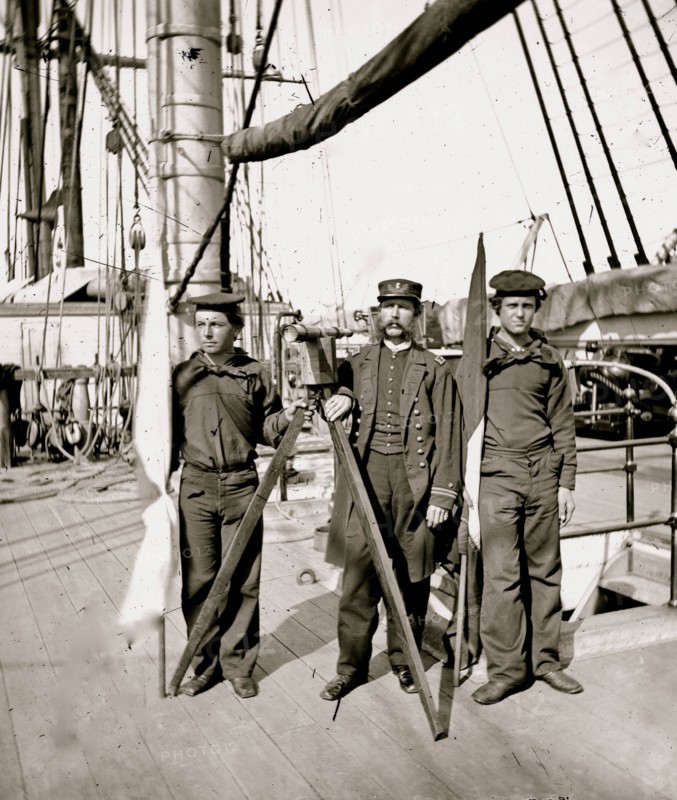 Signalmen of Rear Admiral John A. Dahlgren's flagship receiving a message from the Georgia shore 1864