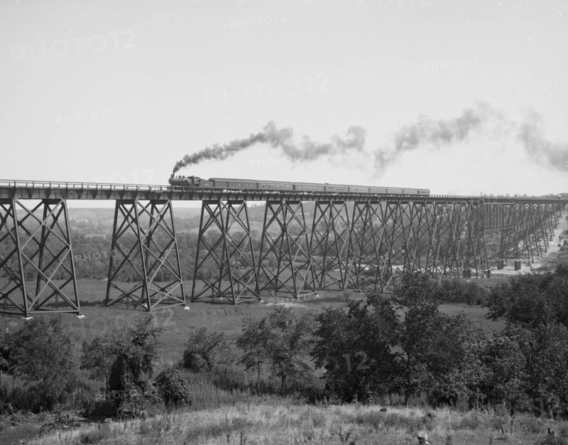 Steam Train passes over Valley Trestle Bridge 1900