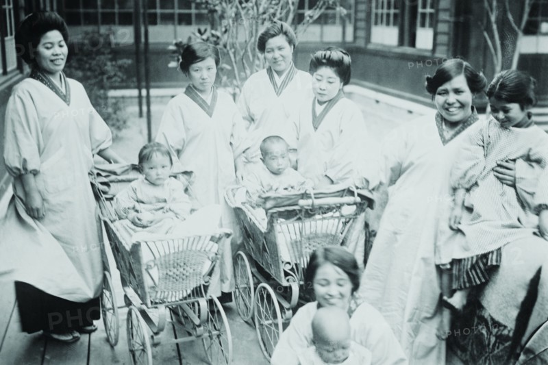 Japanese Mothers with their infants in Perambulators or Baby Carriages