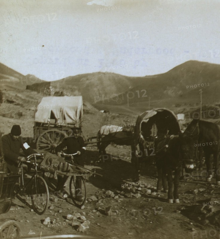 Wagons and bicycle stretchers used to transport injured Russian soldiers 1905