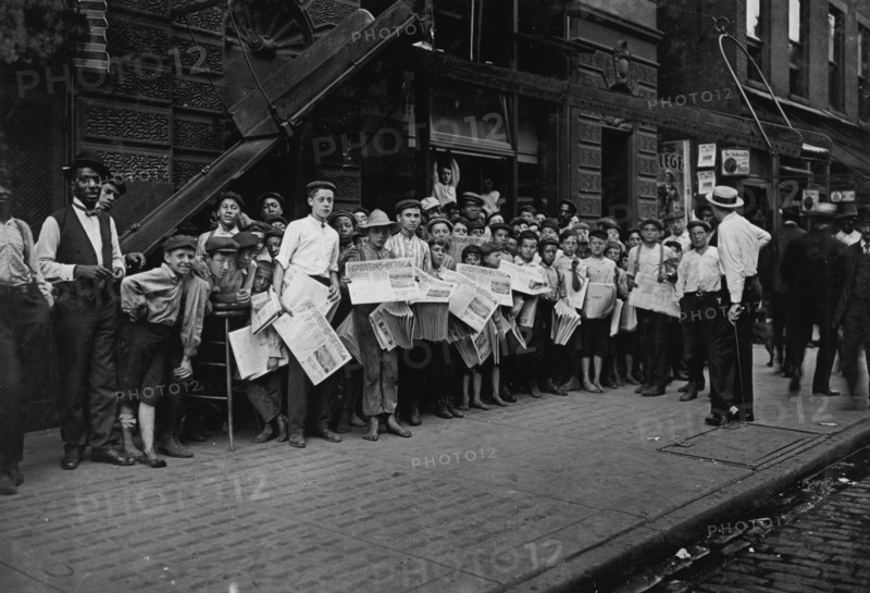 Waiting For The Signal. Newsboys, starting out with base-ball extra. 5 P.M., Times Star Office. 1908