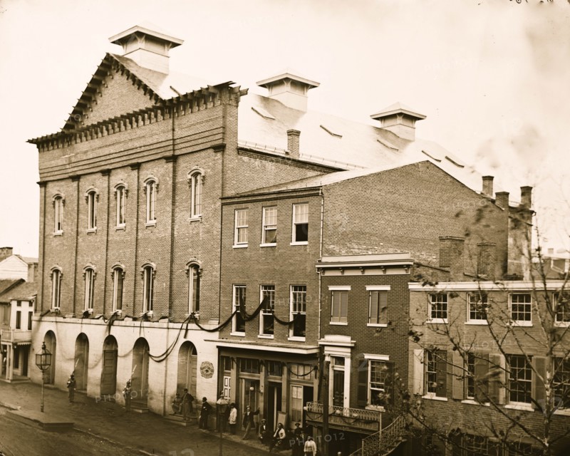 Washington, D.C. Ford's Theater with guards posted at entrance and crepe draped from windows 1865