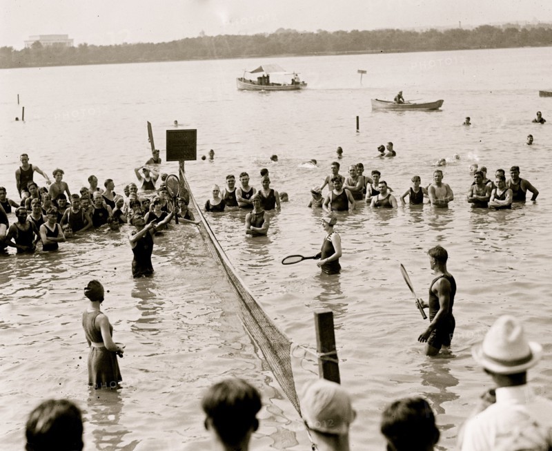 Water Tennis played by citizens in Wasington, DC as they enjpy the tidal basin 1921