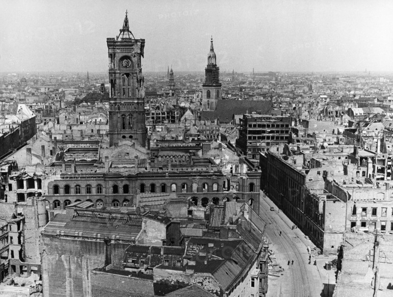 Berlin's red city hall, foreground, left, showing severe bomb damage, berlin in ruins at the end of world war ll, germany, 1945.