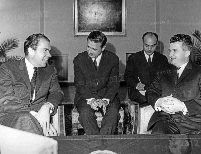 Romanian president ceausescu and u,s, president nixon during the official talks at the state council palace, in aug, 1969.