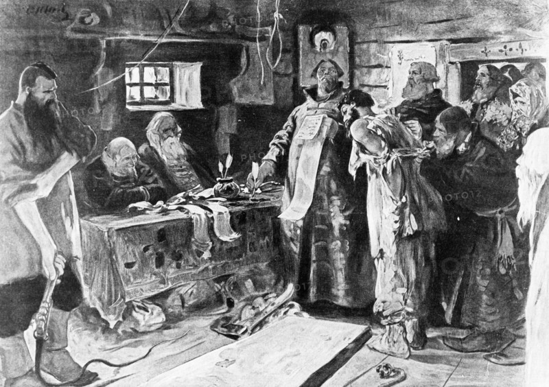 Justice was administered during the reign of tsar alexis (aleksei mikhailovich romanov) by landlords and their agents who exacted heavy fines and knoutings to peasants who dared to make any complaints.