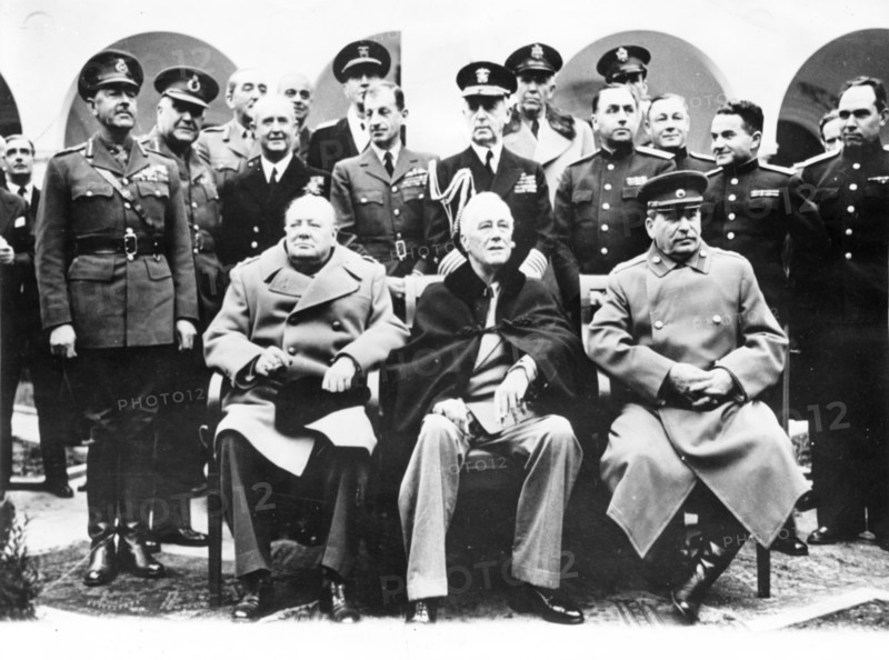 Big three: churchill, roosevelt and stalin at livadia palace during the yalta conference, crimea, february 1945.