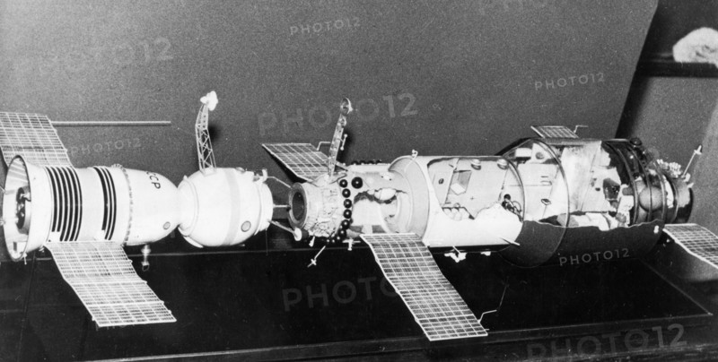 A model of soyuz 11 docked with the salyut 1 space station, 1971.