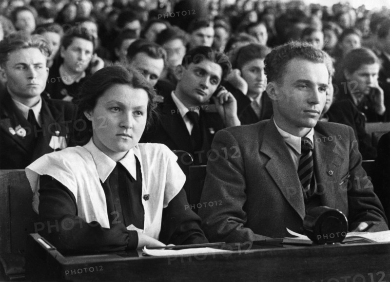 Delegates to 11th young communist league (komsomol) congress at the kremlin palace of congresses, moscow, ussr, 1949.