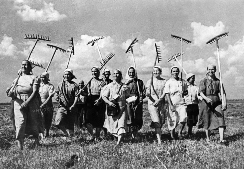 A group of women farmers of the klishevo collective farm replace the men who have left for the front during world war ll, 1940s.